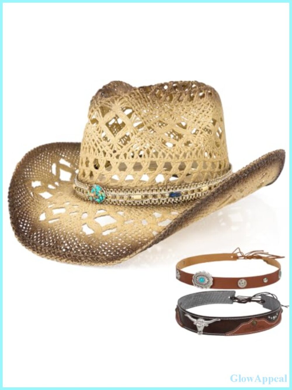 Straw Cowboy Hat Unisex with 3 Decorative Bands Wide Brim